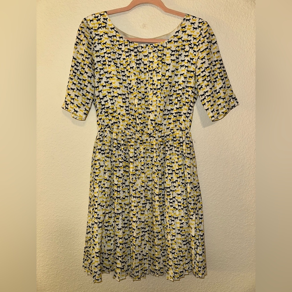 Anthropologie Cremieux Yellow and Black A-Line Horse Print Dress